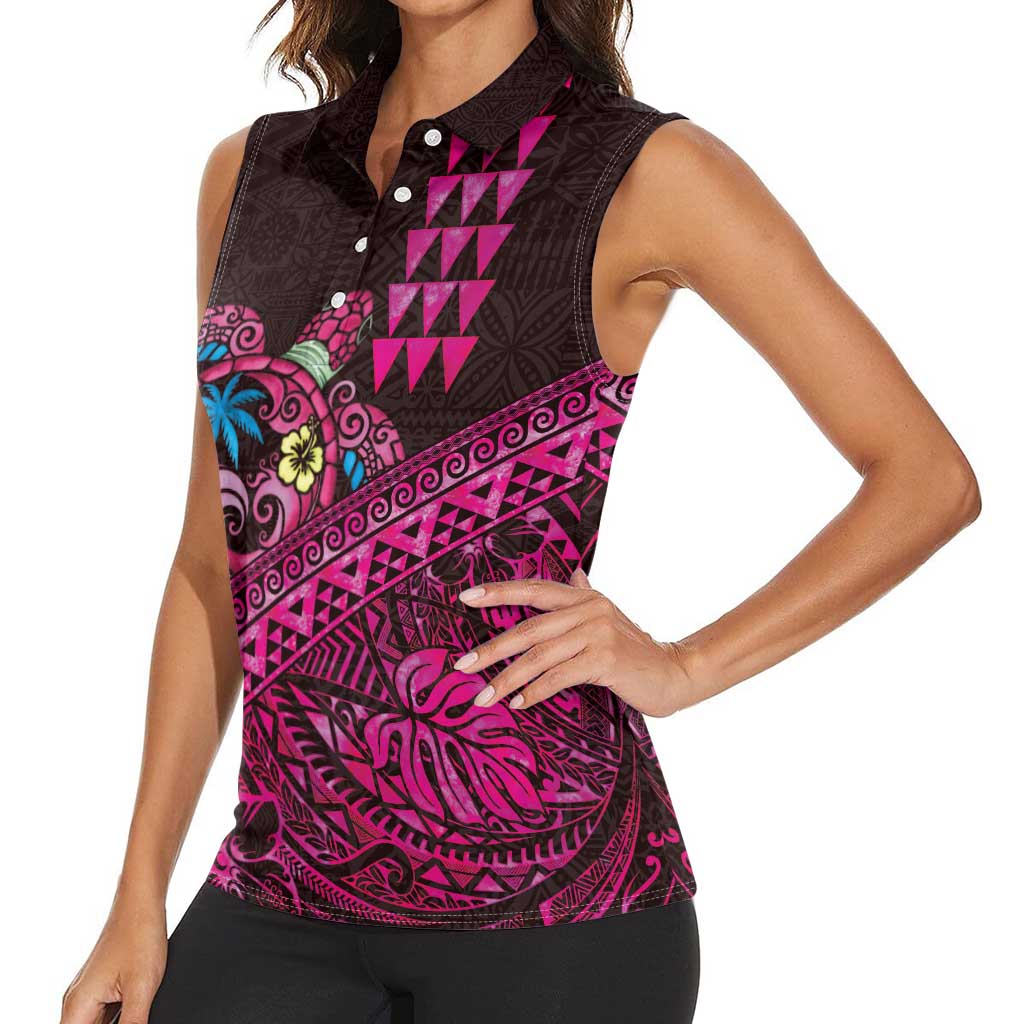 Hawaiian Abstract Sea Turtle Women Sleeveless Polo Shirt Polynesian Tapa Art and Kakau Tattoo Pink WaterColor - Polynesian Pride