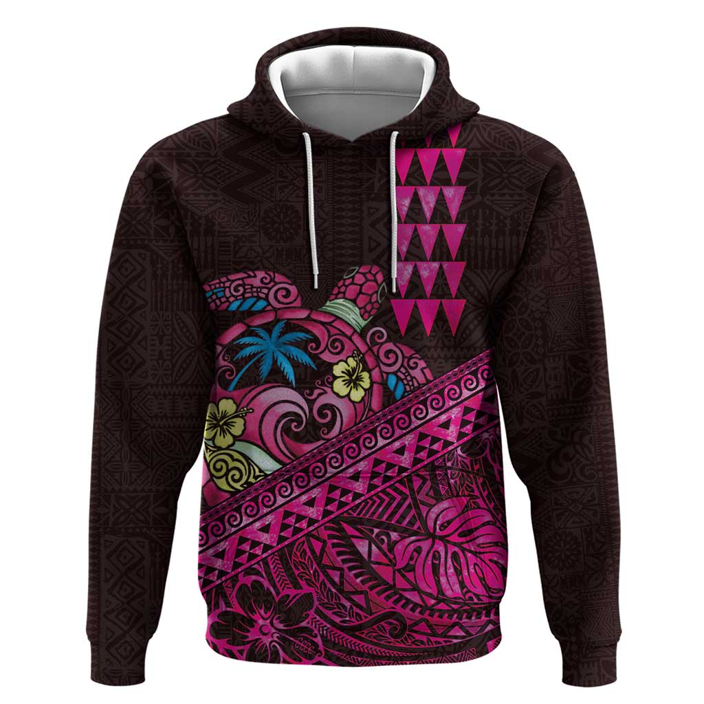 Hawaiian Abstract Sea Turtle Zip Hoodie Polynesian Tapa Art and Kakau Tattoo Pink WaterColor - Polynesian Pride