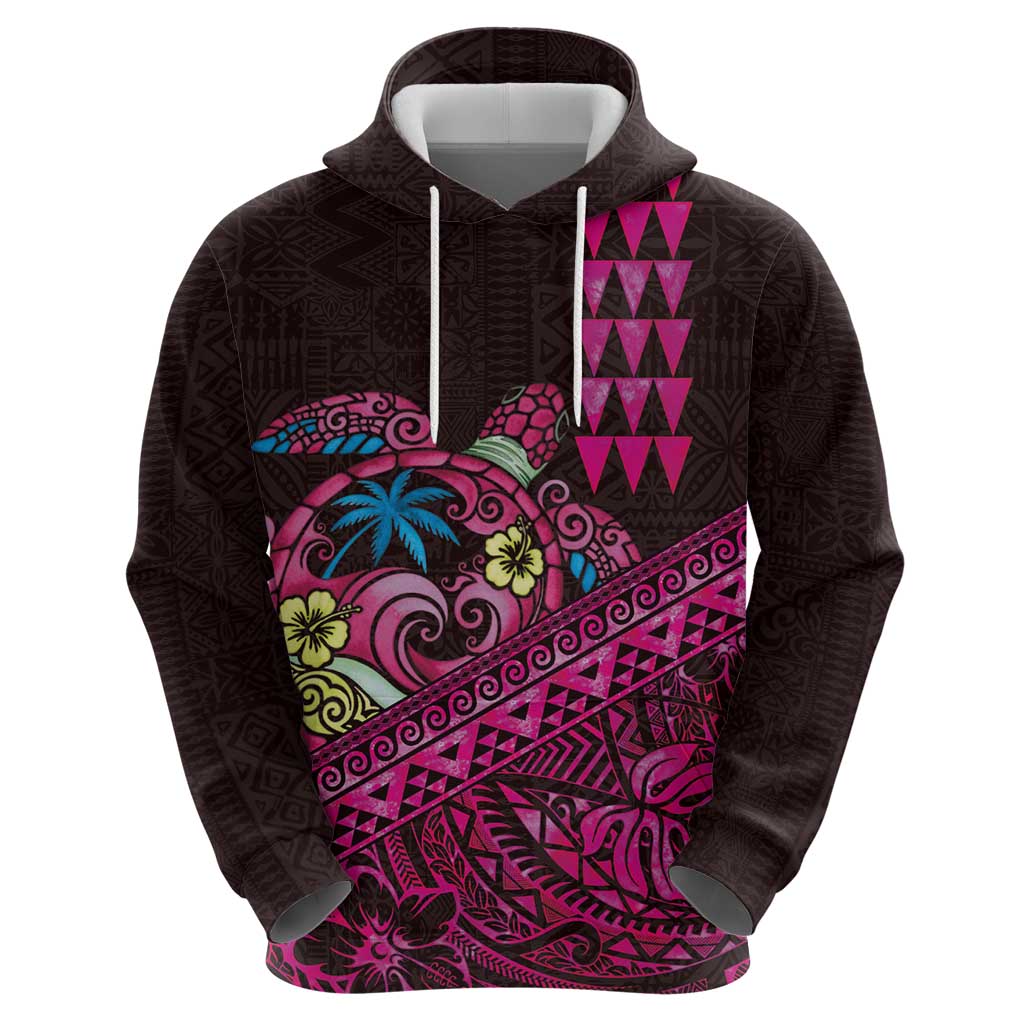 Hawaiian Abstract Sea Turtle Zip Hoodie Polynesian Tapa Art and Kakau Tattoo Pink WaterColor - Polynesian Pride