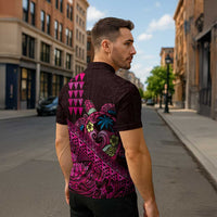 Hawaiian Abstract Sea Turtle Zipper Polo Shirt Polynesian Tapa Art and Kakau Tattoo Pink WaterColor - Polynesian Pride