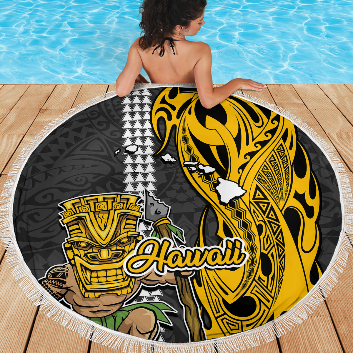 Hawaii Island Beach Blanket Hawaiian Warrior and Kakau Symbols Abstract Tattoo LT03 - Wonder Print Shop