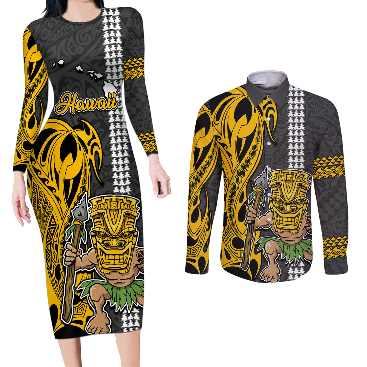 Hawaii Island Couples Matching Long Sleeve Bodycon Dress and Long Sleeve Button Shirts Hawaiian Warrior and Kakau Symbols Abstract Tattoo LT03 Yellow - Polynesian Pride
