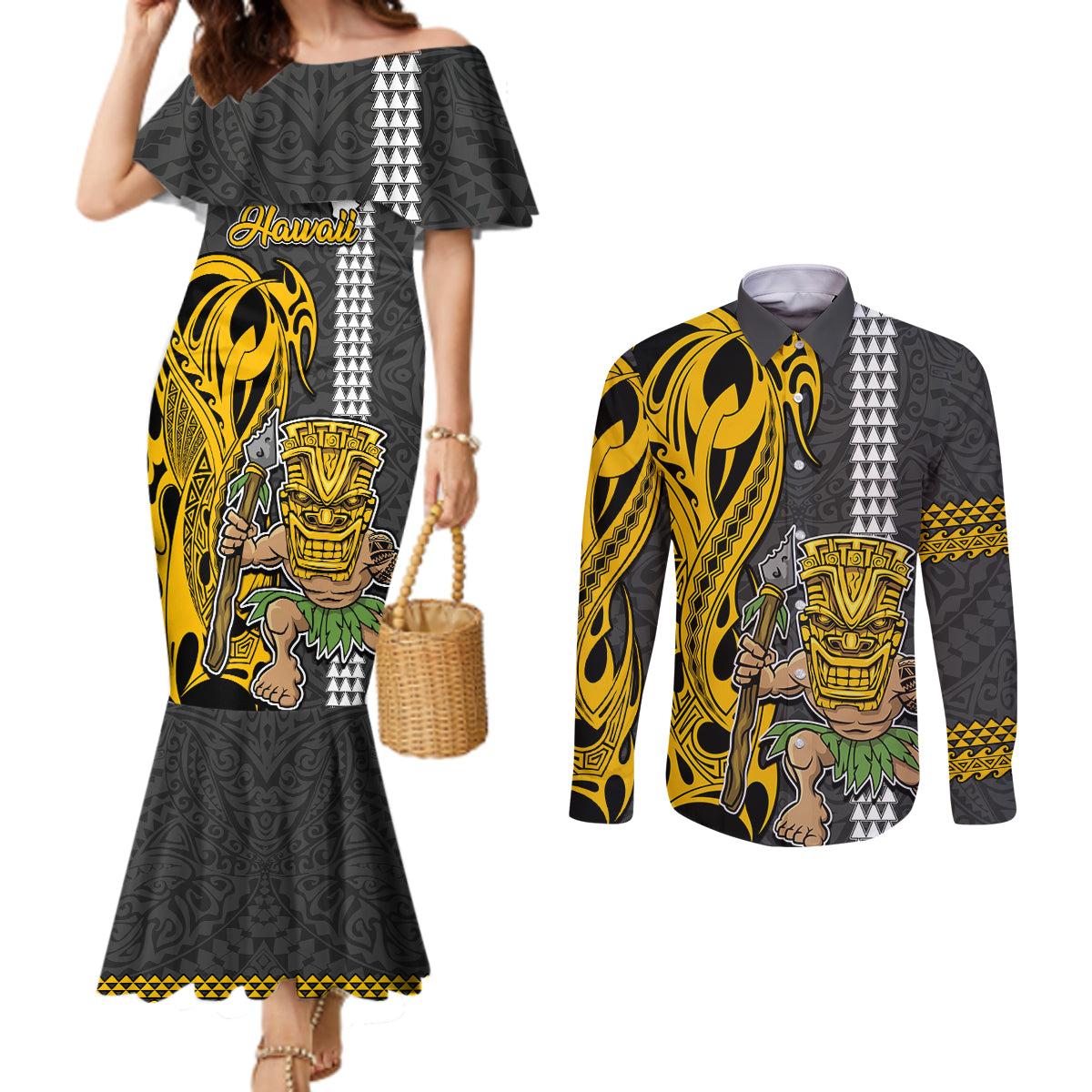 Hawaii Island Couples Matching Mermaid Dress and Long Sleeve Button Shirts Hawaiian Warrior and Kakau Symbols Abstract Tattoo LT03 Yellow - Polynesian Pride