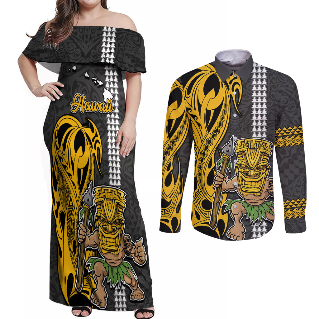 Hawaii Island Couples Matching Off Shoulder Maxi Dress and Long Sleeve Button Shirts Hawaiian Warrior and Kakau Symbols Abstract Tattoo LT03 Yellow - Polynesian Pride