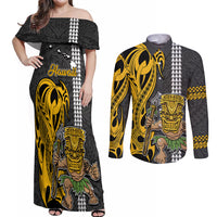 Hawaii Island Couples Matching Off Shoulder Maxi Dress and Long Sleeve Button Shirts Hawaiian Warrior and Kakau Symbols Abstract Tattoo LT03 Yellow - Polynesian Pride