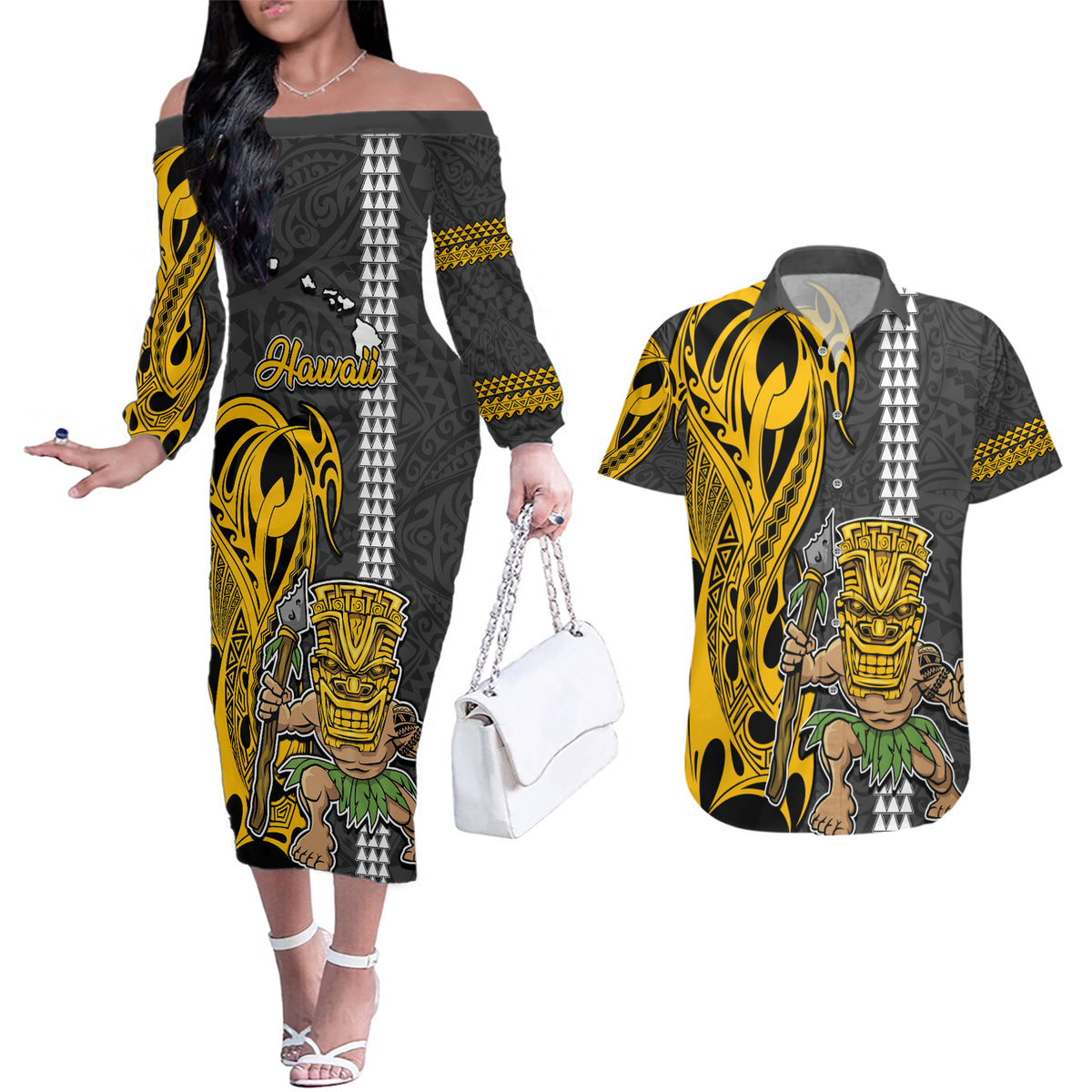 Hawaii Island Couples Matching Off The Shoulder Long Sleeve Dress and Hawaiian Shirt Hawaiian Warrior and Kakau Symbols Abstract Tattoo LT03 Yellow - Polynesian Pride