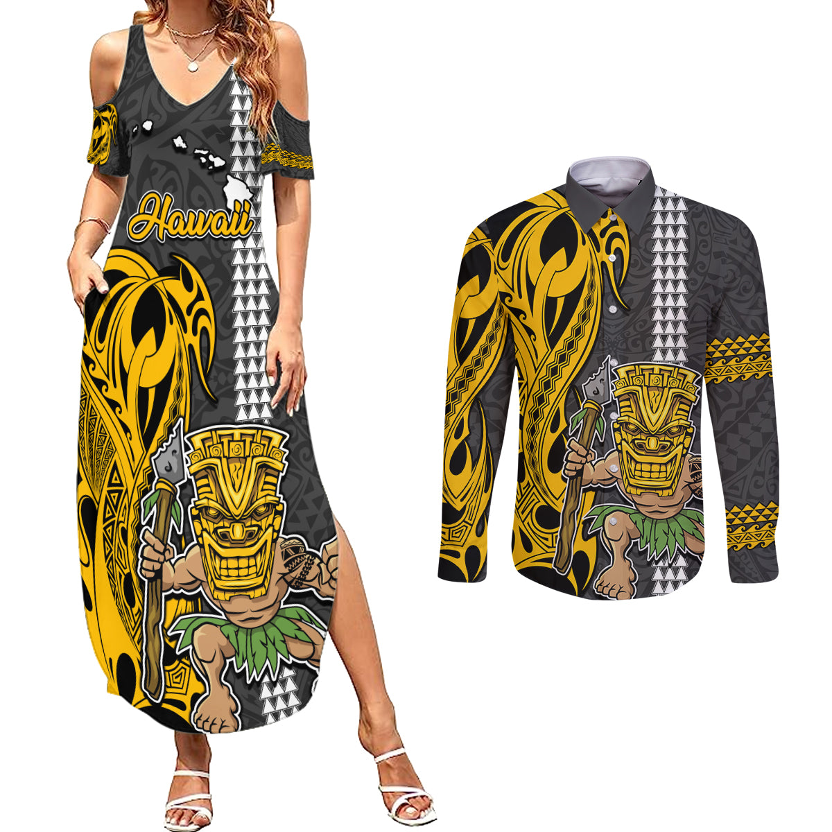 Hawaii Island Couples Matching Summer Maxi Dress and Long Sleeve Button Shirts Hawaiian Warrior and Kakau Symbols Abstract Tattoo LT03 Yellow - Polynesian Pride