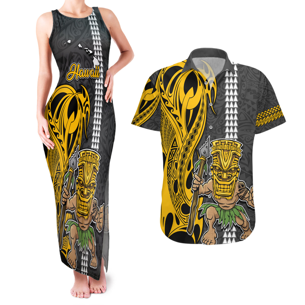 Hawaii Island Couples Matching Tank Maxi Dress and Hawaiian Shirt Hawaiian Warrior and Kakau Symbols Abstract Tattoo LT03 Yellow - Polynesian Pride