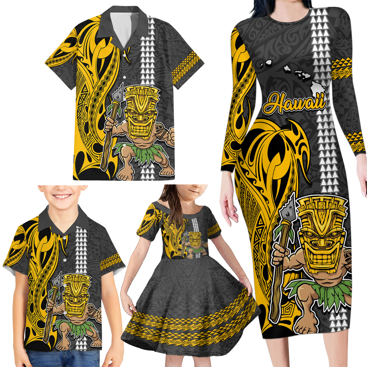 Hawaii Island Family Matching Long Sleeve Bodycon Dress and Hawaiian Shirt Hawaiian Warrior and Kakau Symbols Abstract Tattoo LT03 - Polynesian Pride