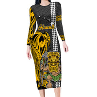 Hawaii Island Family Matching Long Sleeve Bodycon Dress and Hawaiian Shirt Hawaiian Warrior and Kakau Symbols Abstract Tattoo LT03 Mom's Dress Yellow - Polynesian Pride