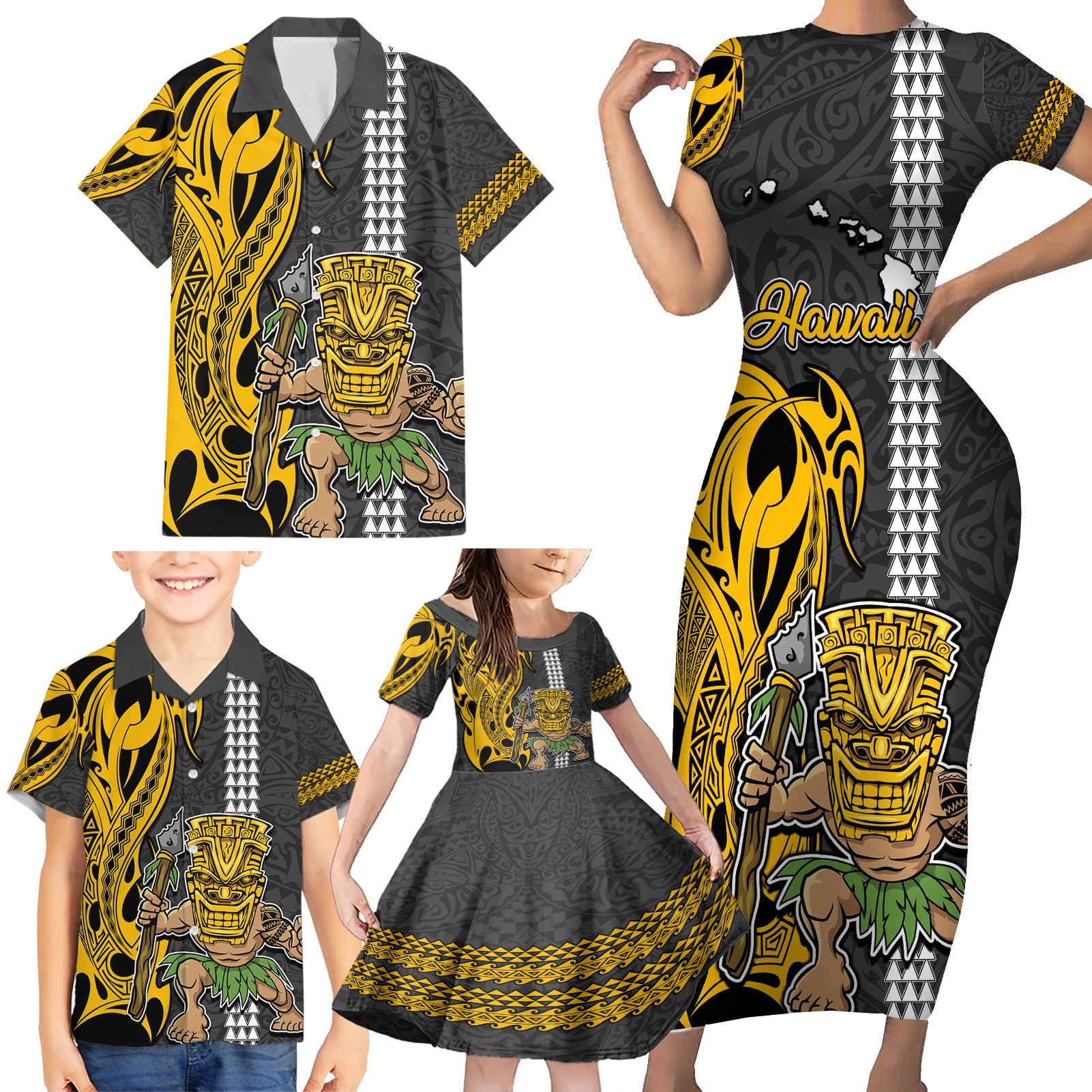 Hawaii Island Family Matching Short Sleeve Bodycon Dress and Hawaiian Shirt Hawaiian Warrior and Kakau Symbols Abstract Tattoo LT03 - Polynesian Pride