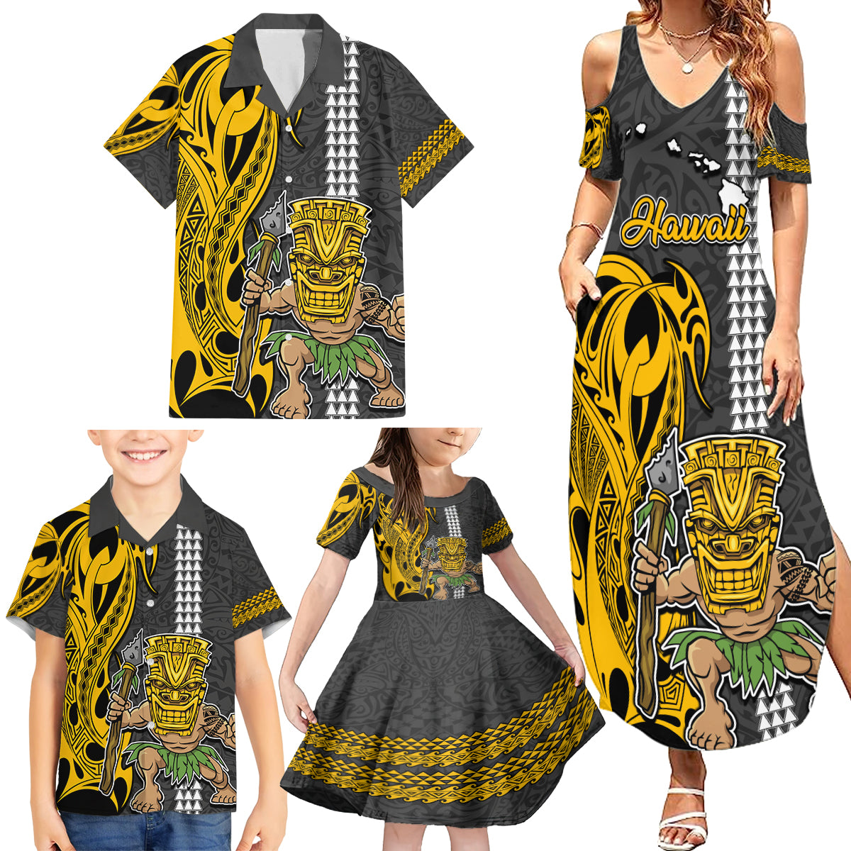 Hawaii Island Family Matching Summer Maxi Dress and Hawaiian Shirt Hawaiian Warrior and Kakau Symbols Abstract Tattoo LT03 - Polynesian Pride