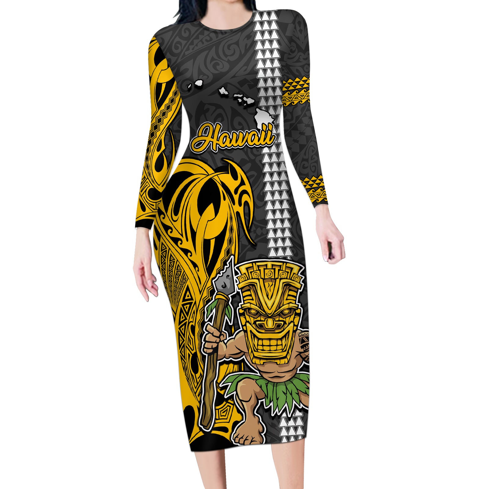 Hawaii Island Long Sleeve Bodycon Dress Hawaiian Warrior and Kakau Symbols Abstract Tattoo LT03 Long Dress Yellow - Polynesian Pride