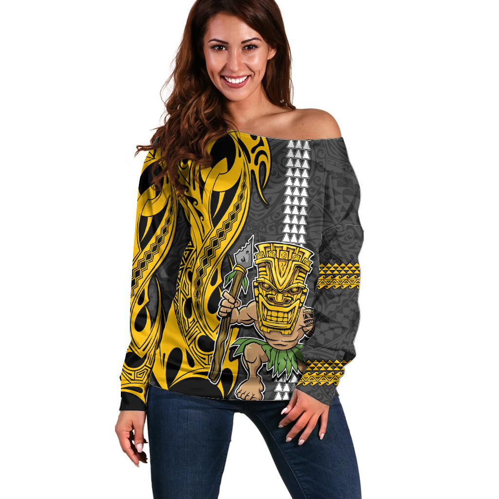 Hawaii Island Off Shoulder Sweater Hawaiian Warrior and Kakau Symbols Abstract Tattoo LT03 Women Yellow - Polynesian Pride