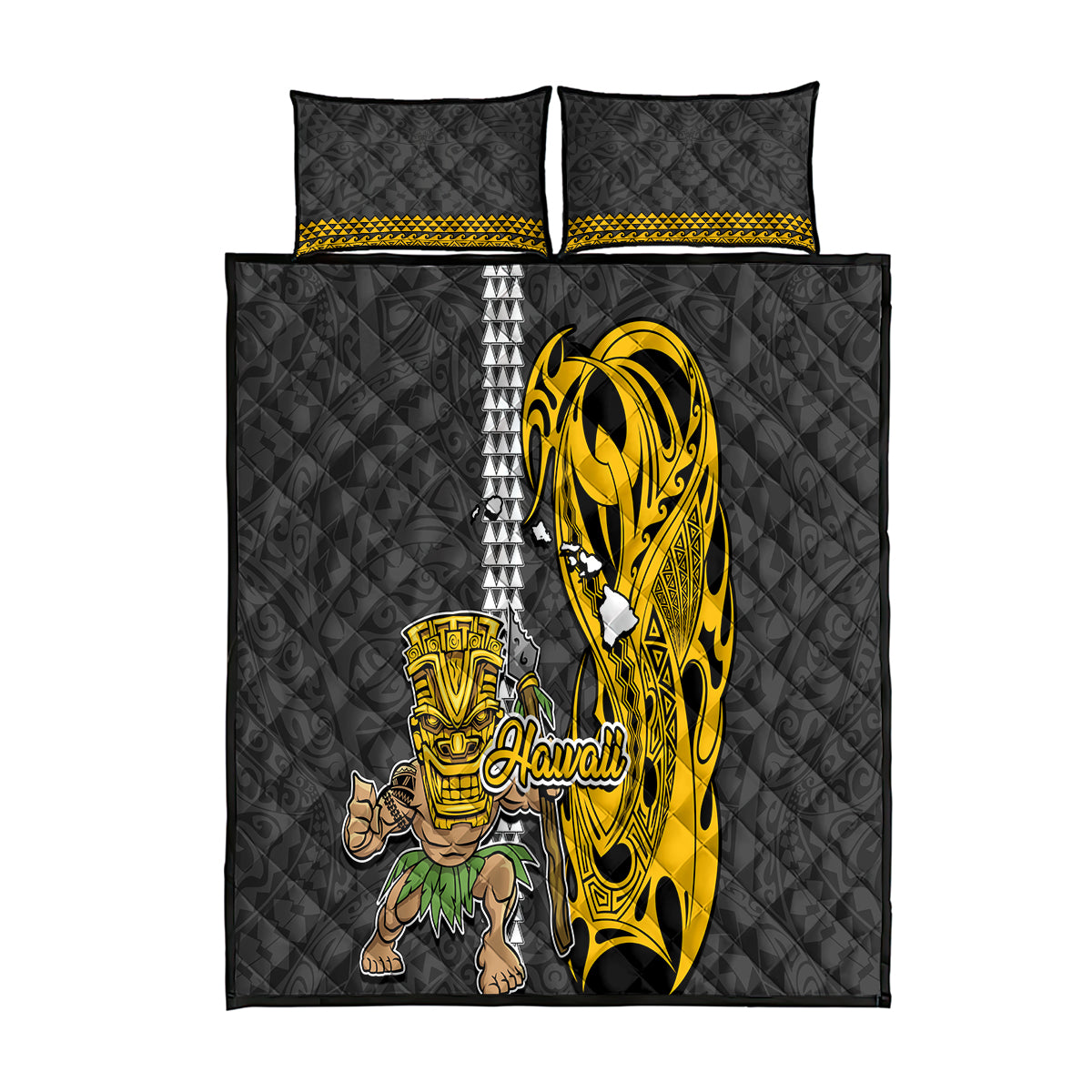 Hawaii Island Quilt Bed Set Hawaiian Warrior and Kakau Symbols Abstract Tattoo LT03 Yellow - Polynesian Pride