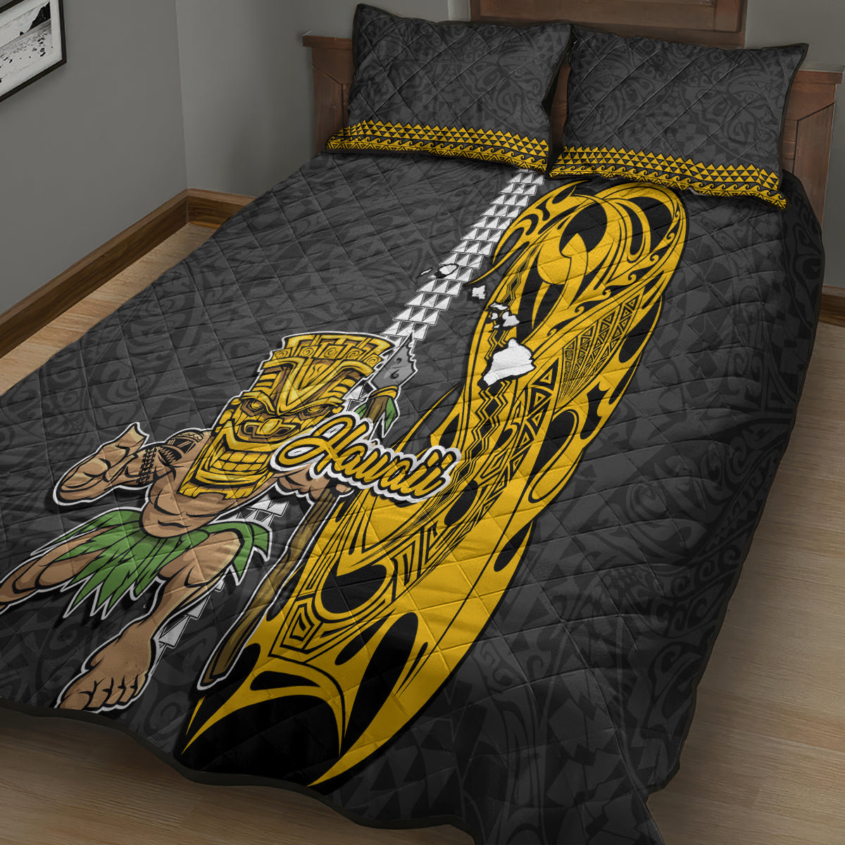 Hawaii Island Quilt Bed Set Hawaiian Warrior and Kakau Symbols Abstract Tattoo LT03 - Polynesian Pride