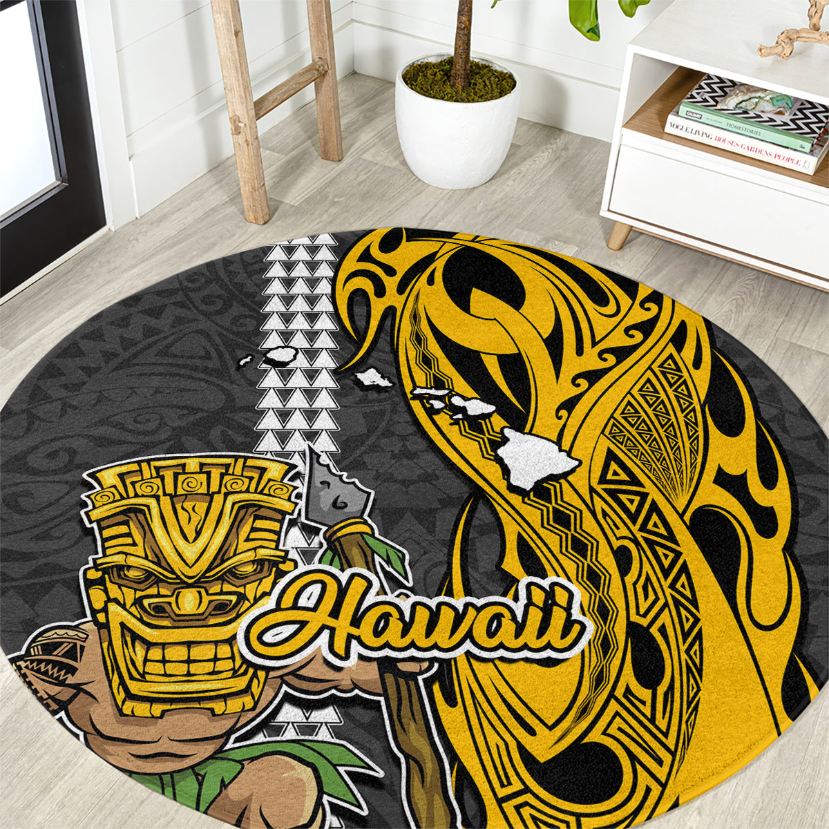 Hawaii Island Round Carpet Hawaiian Warrior and Kakau Symbols Abstract Tattoo LT03 Yellow - Polynesian Pride