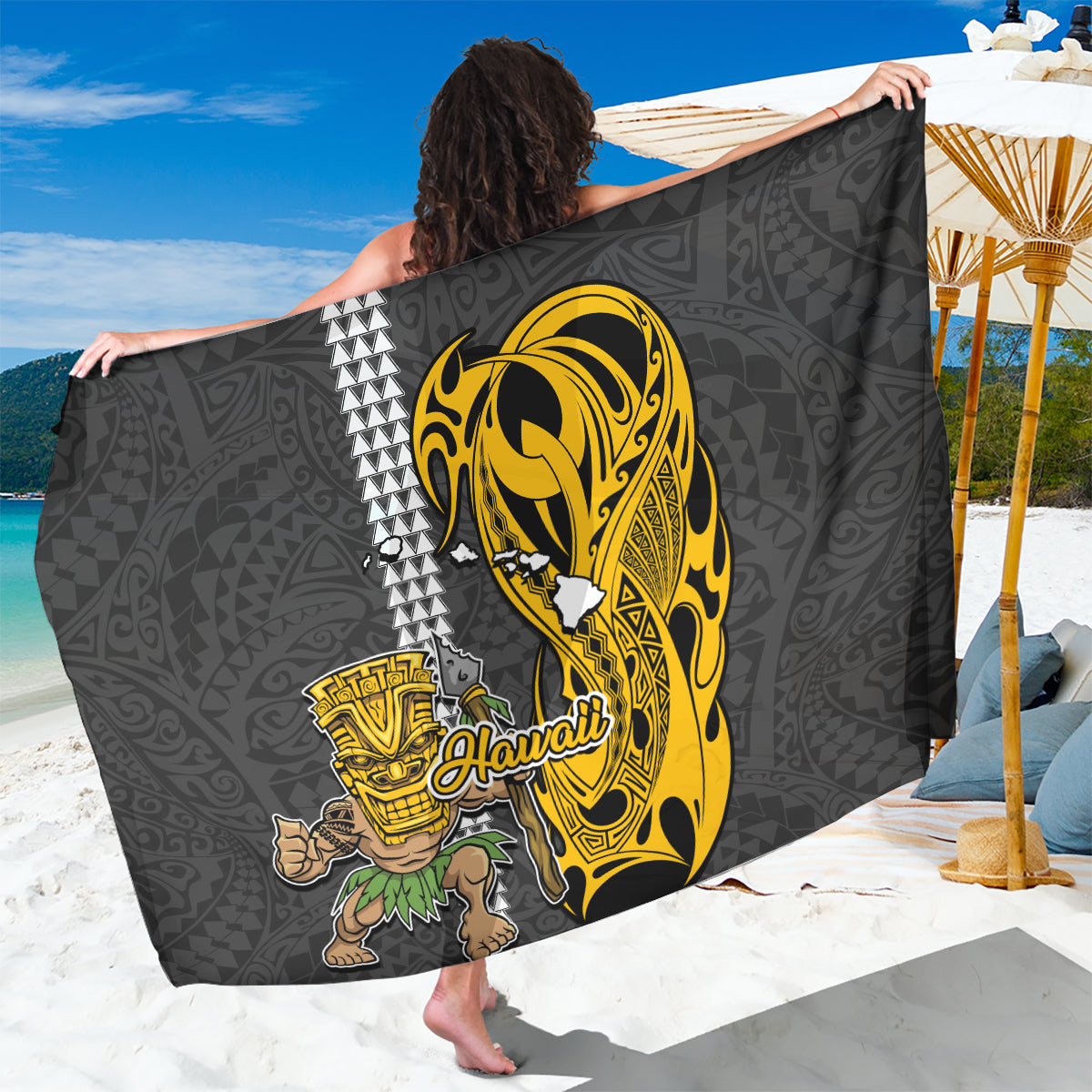 Hawaii Island Sarong Hawaiian Warrior and Kakau Symbols Abstract Tattoo LT03 One Size 44 x 66 inches Yellow - Polynesian Pride