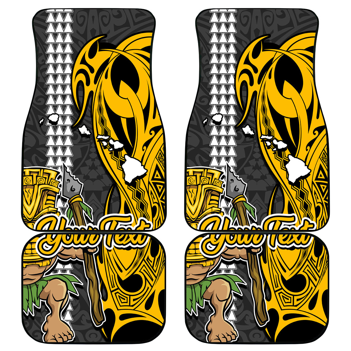 Custom Hawaii Island Car Mats Hawaiian Warrior and Kakau Symbols Abstract Tattoo LT03 Yellow - Polynesian Pride