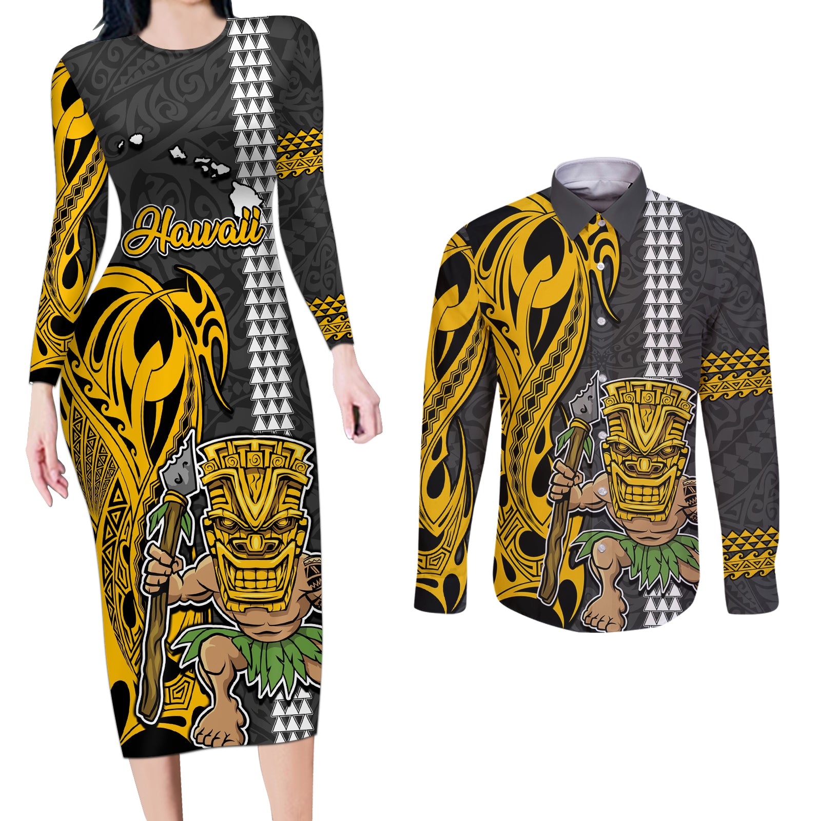 Custom Hawaii Island Couples Matching Long Sleeve Bodycon Dress and Long Sleeve Button Shirts Hawaiian Warrior and Kakau Symbols Abstract Tattoo LT03 Yellow - Polynesian Pride