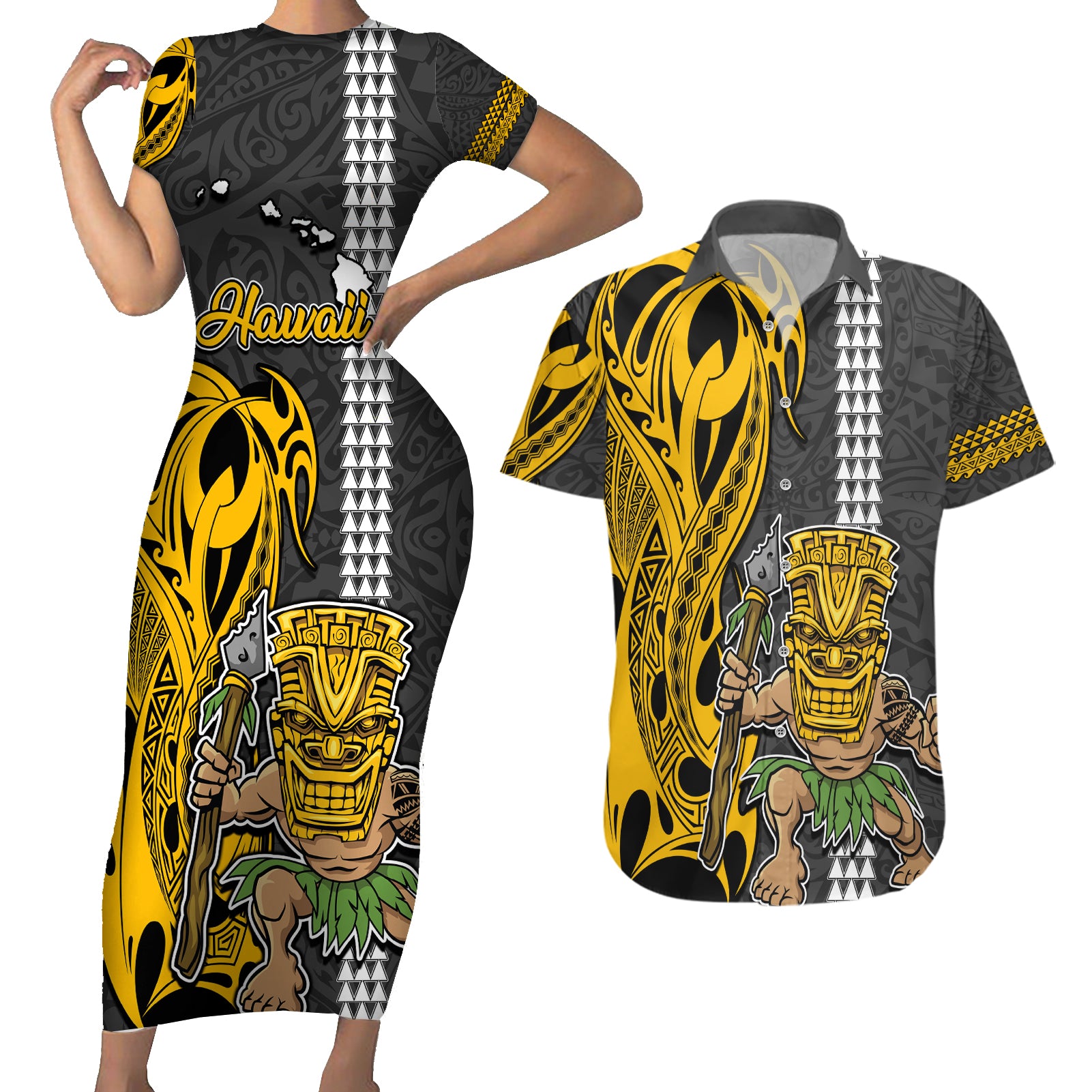 Custom Hawaii Island Couples Matching Short Sleeve Bodycon Dress and Hawaiian Shirt Hawaiian Warrior and Kakau Symbols Abstract Tattoo LT03 Yellow - Polynesian Pride