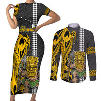 Custom Hawaii Island Couples Matching Short Sleeve Bodycon Dress and Long Sleeve Button Shirts Hawaiian Warrior and Kakau Symbols Abstract Tattoo LT03 Yellow - Polynesian Pride