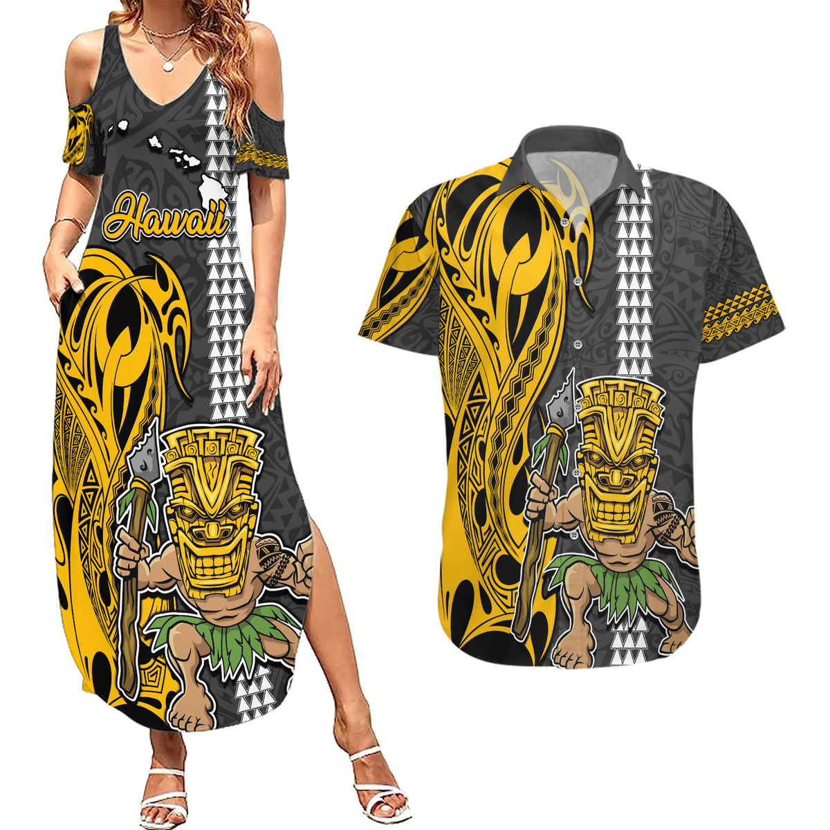 Custom Hawaii Island Couples Matching Summer Maxi Dress and Hawaiian Shirt Hawaiian Warrior and Kakau Symbols Abstract Tattoo LT03 Yellow - Polynesian Pride