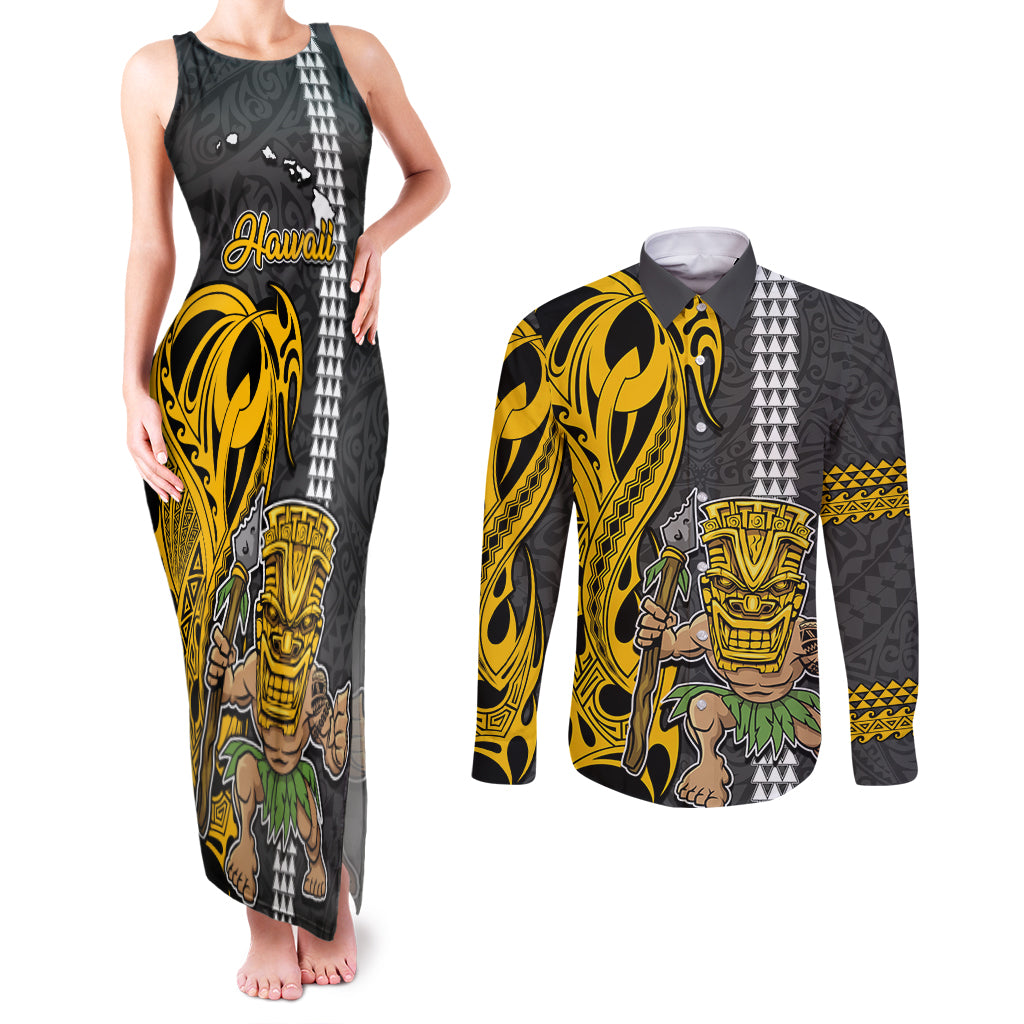 Custom Hawaii Island Couples Matching Tank Maxi Dress and Long Sleeve Button Shirts Hawaiian Warrior and Kakau Symbols Abstract Tattoo LT03 Yellow - Polynesian Pride