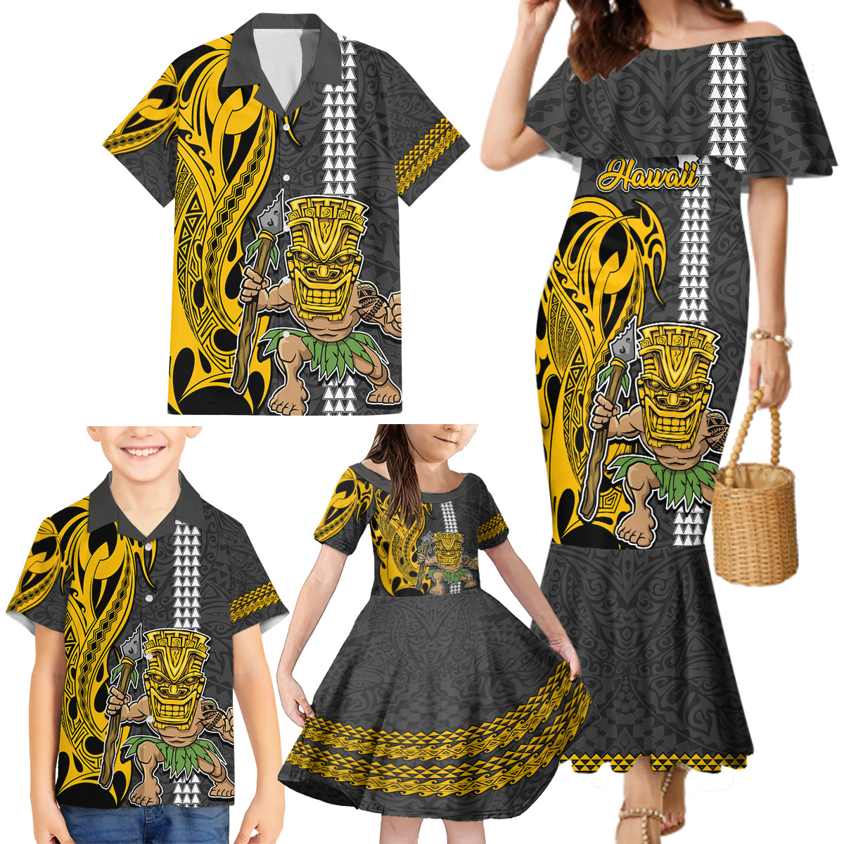 Custom Hawaii Island Family Matching Mermaid Dress and Hawaiian Shirt Hawaiian Warrior and Kakau Symbols Abstract Tattoo LT03 - Polynesian Pride