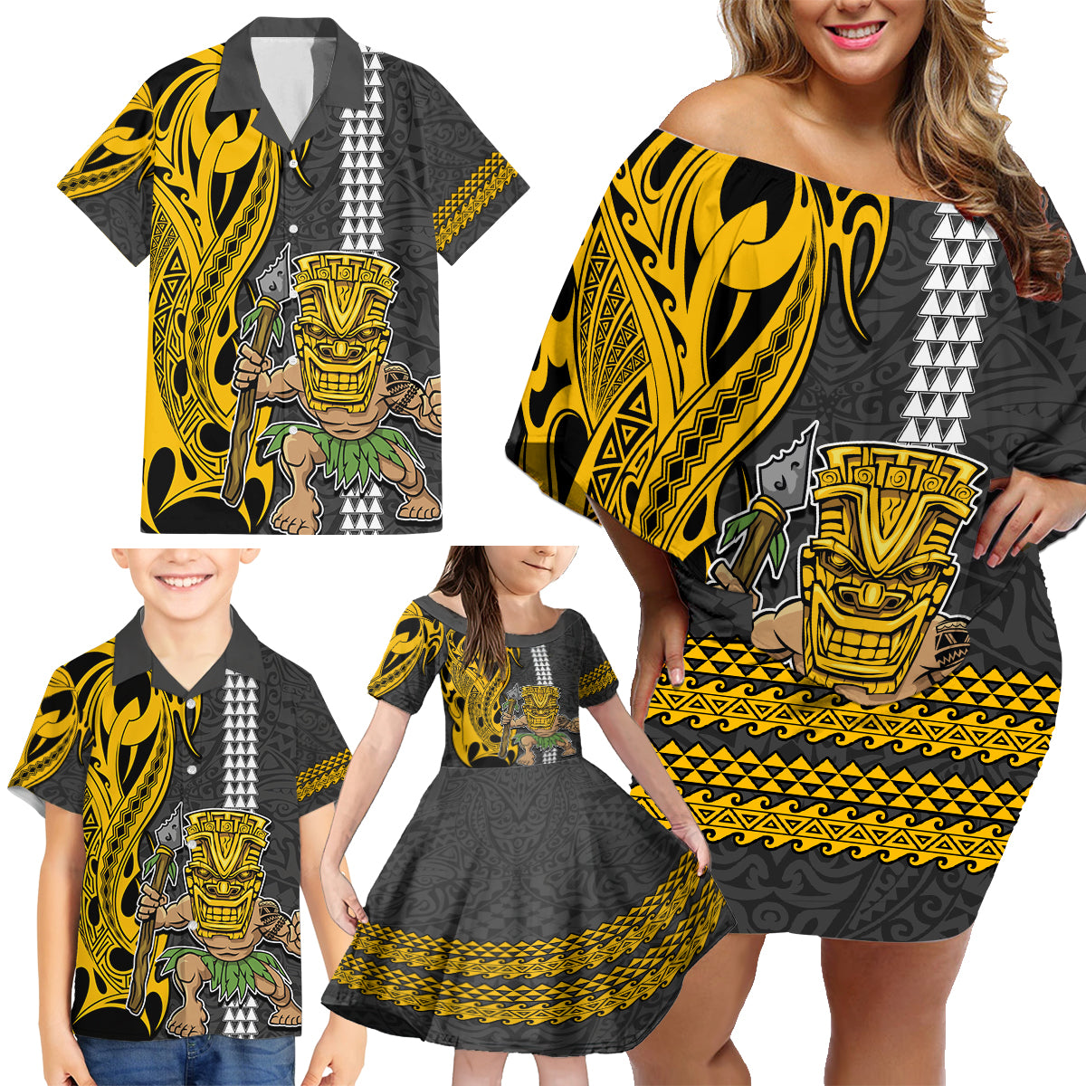 Custom Hawaii Island Family Matching Off Shoulder Short Dress and Hawaiian Shirt Hawaiian Warrior and Kakau Symbols Abstract Tattoo LT03 - Polynesian Pride