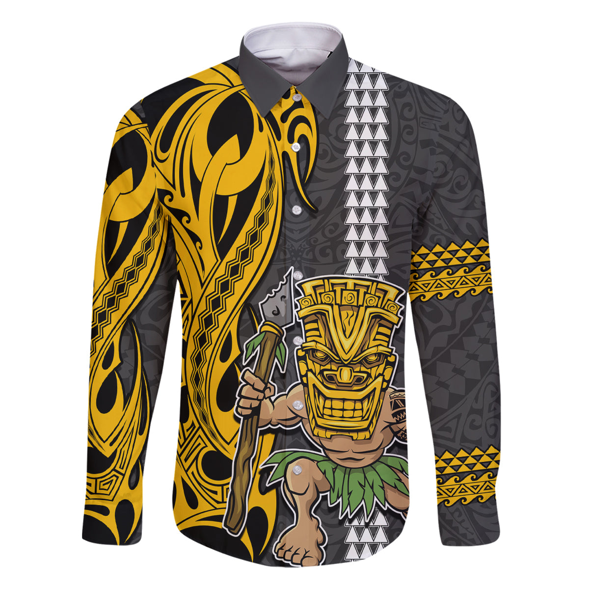 Custom Hawaii Island Family Matching Off Shoulder Short Dress and Hawaiian Shirt Hawaiian Warrior and Kakau Symbols Abstract Tattoo LT03 Dad's Shirt - Long Sleeve Yellow - Polynesian Pride