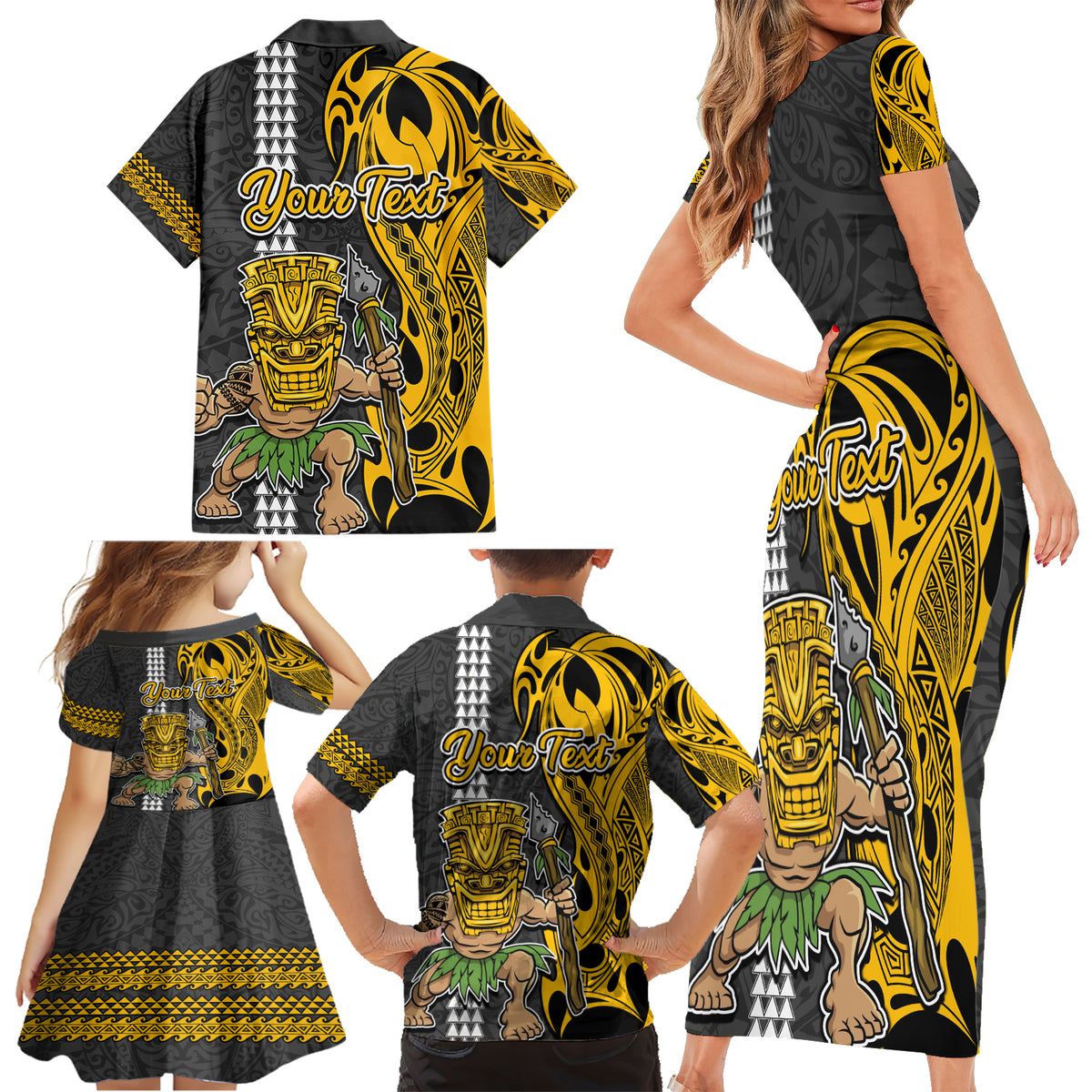 Custom Hawaii Island Family Matching Short Sleeve Bodycon Dress and Hawaiian Shirt Hawaiian Warrior and Kakau Symbols Abstract Tattoo LT03 - Polynesian Pride