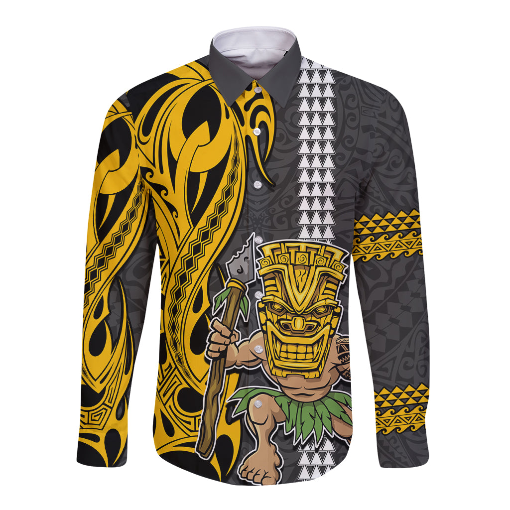 Custom Hawaii Island Long Sleeve Button Shirt Hawaiian Warrior and Kakau Symbols Abstract Tattoo LT03 Unisex Yellow - Polynesian Pride