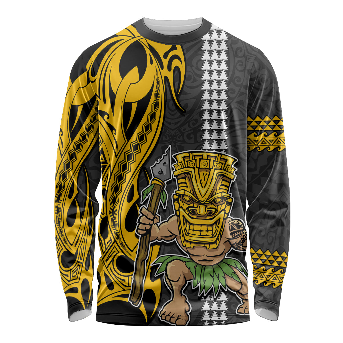 Custom Hawaii Island Long Sleeve Shirt Hawaiian Warrior and Kakau Symbols Abstract Tattoo LT03 Unisex Yellow - Polynesian Pride