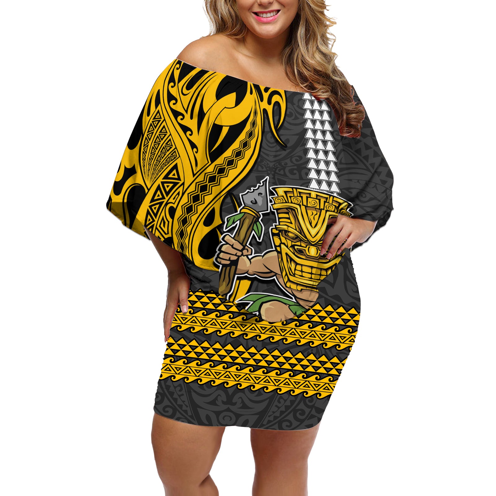 Custom Hawaii Island Off Shoulder Short Dress Hawaiian Warrior and Kakau Symbols Abstract Tattoo LT03 Women Yellow - Polynesian Pride