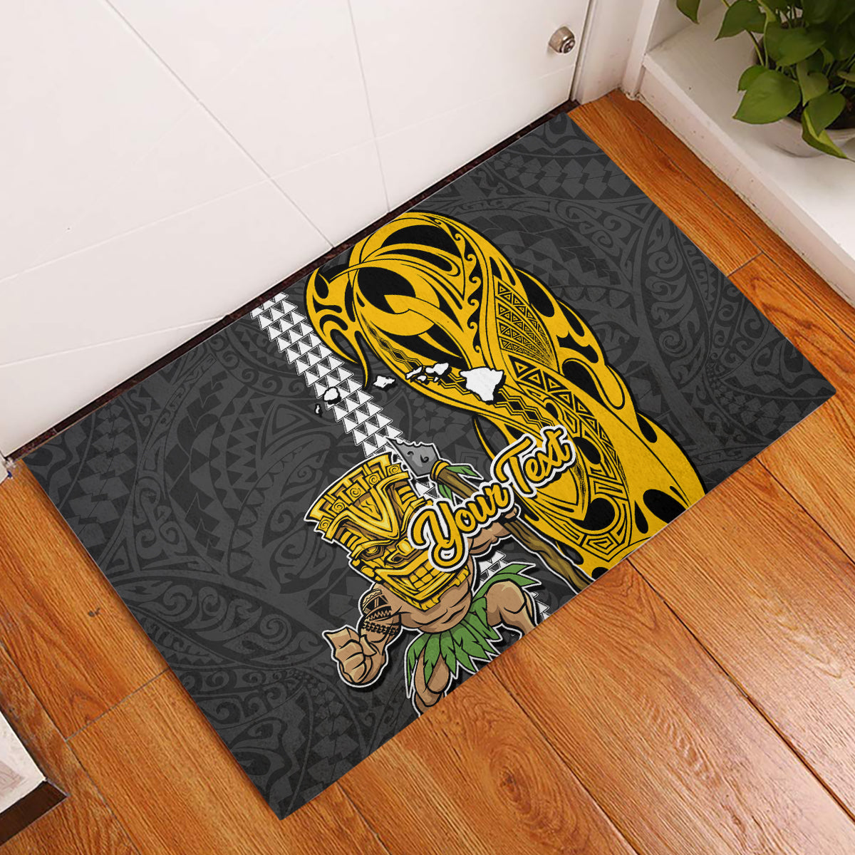 Custom Hawaii Island Rubber Doormat Hawaiian Warrior and Kakau Symbols Abstract Tattoo LT03 Yellow - Polynesian Pride