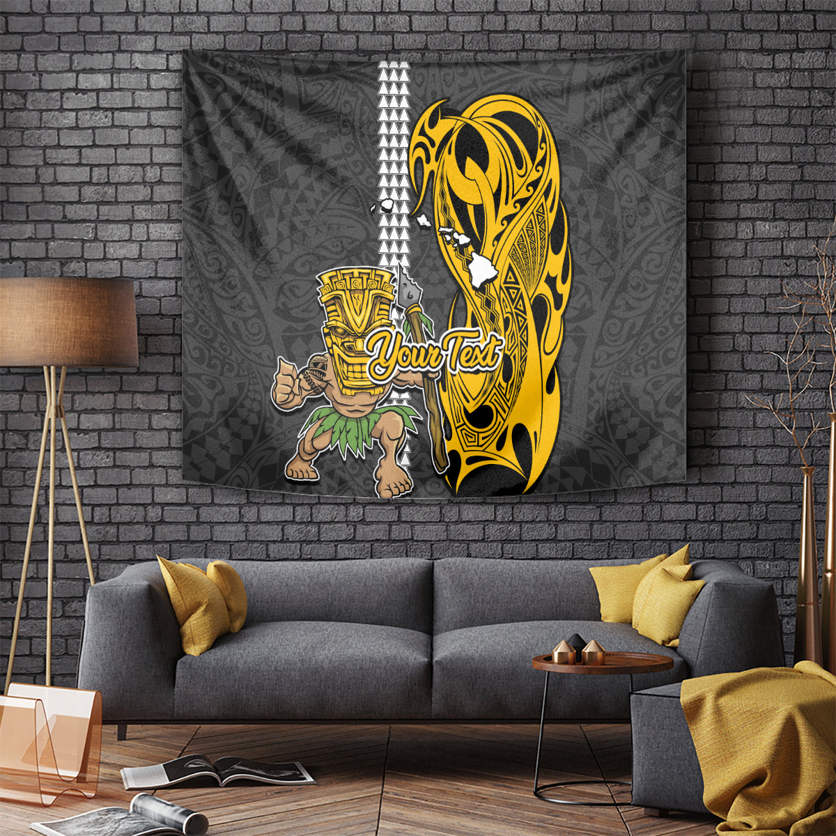 Custom Hawaii Island Tapestry Hawaiian Warrior and Kakau Symbols Abstract Tattoo LT03 Yellow - Polynesian Pride