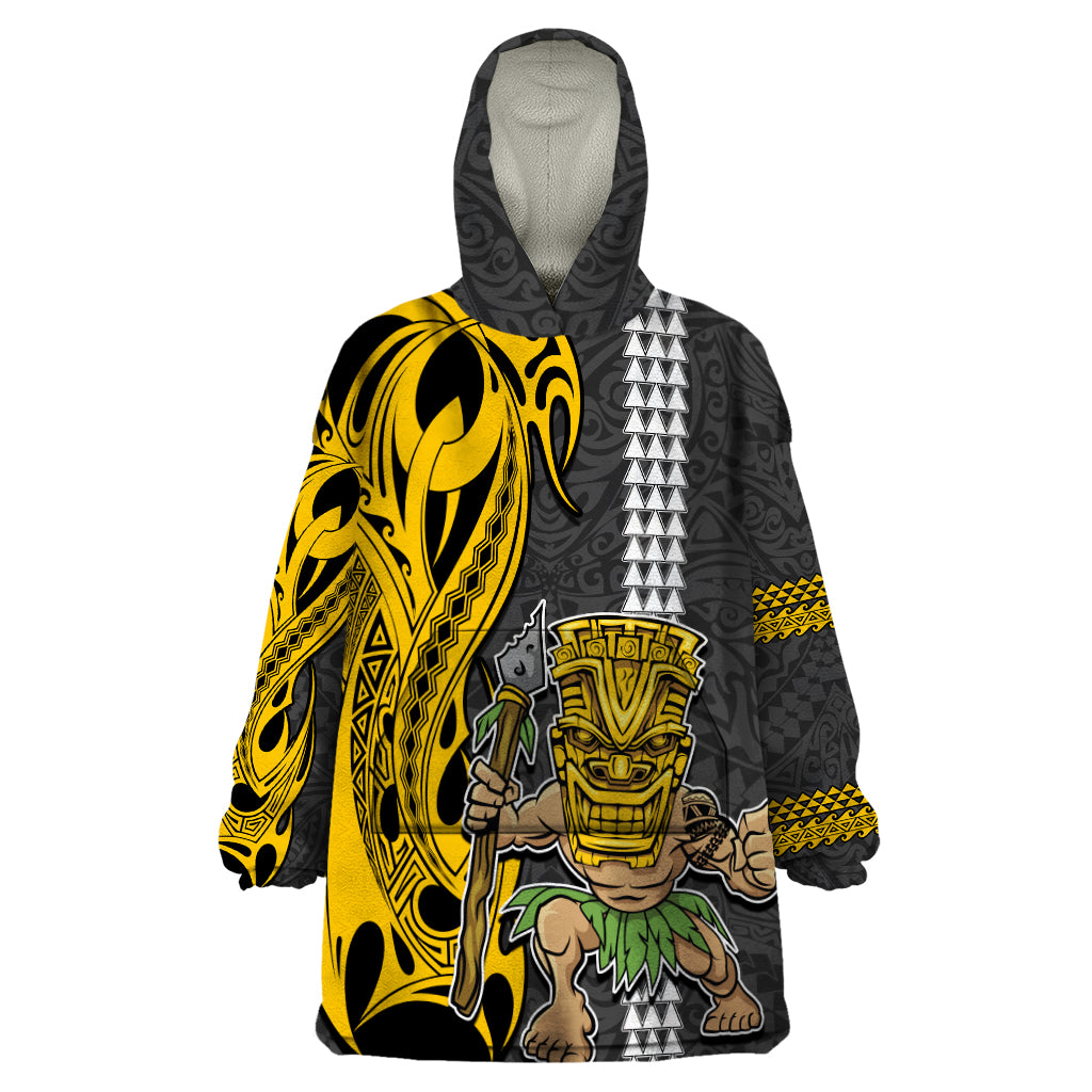 Custom Hawaii Island Wearable Blanket Hoodie Hawaiian Warrior and Kakau Symbols Abstract Tattoo LT03 One Size Yellow - Polynesian Pride