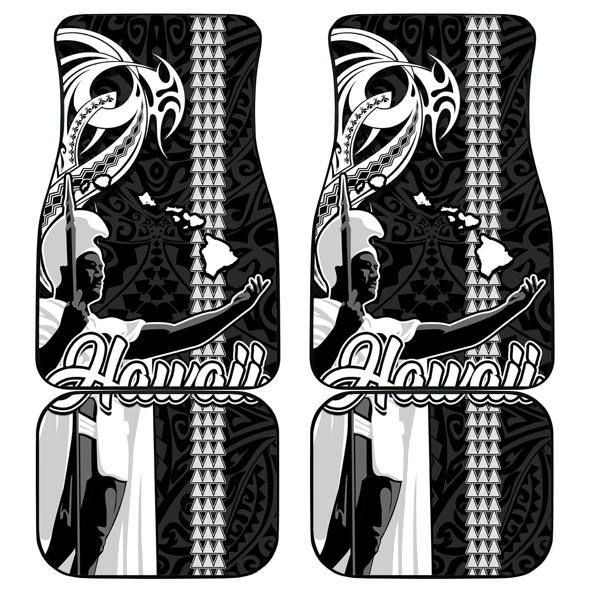 Hawaii Island Car Mats Hawaiian King and Kakau Symbols Abstract Shoulder Tattoo LT03 Black - Polynesian Pride