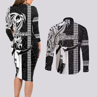 Hawaii Island Couples Matching Long Sleeve Bodycon Dress and Long Sleeve Button Shirts Hawaiian King and Kakau Symbols Abstract Shoulder Tattoo LT03 - Polynesian Pride