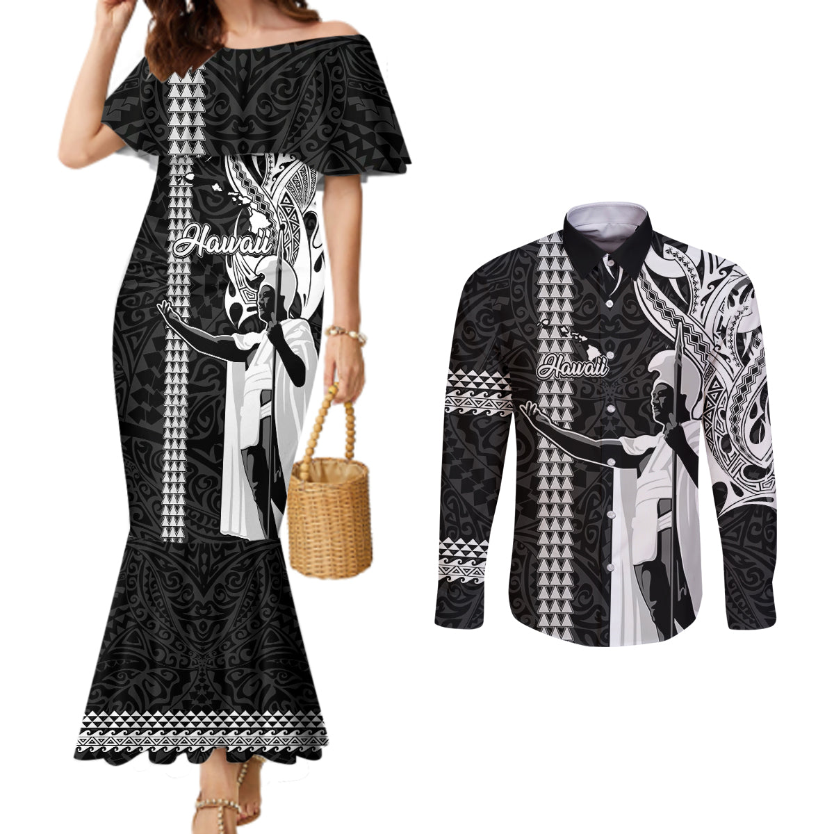 Hawaii Island Couples Matching Mermaid Dress and Long Sleeve Button Shirts Hawaiian King and Kakau Symbols Abstract Shoulder Tattoo LT03 Black - Polynesian Pride