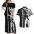 Hawaii Island Couples Matching Off Shoulder Maxi Dress and Hawaiian Shirt Hawaiian King and Kakau Symbols Abstract Shoulder Tattoo LT03 Black - Polynesian Pride