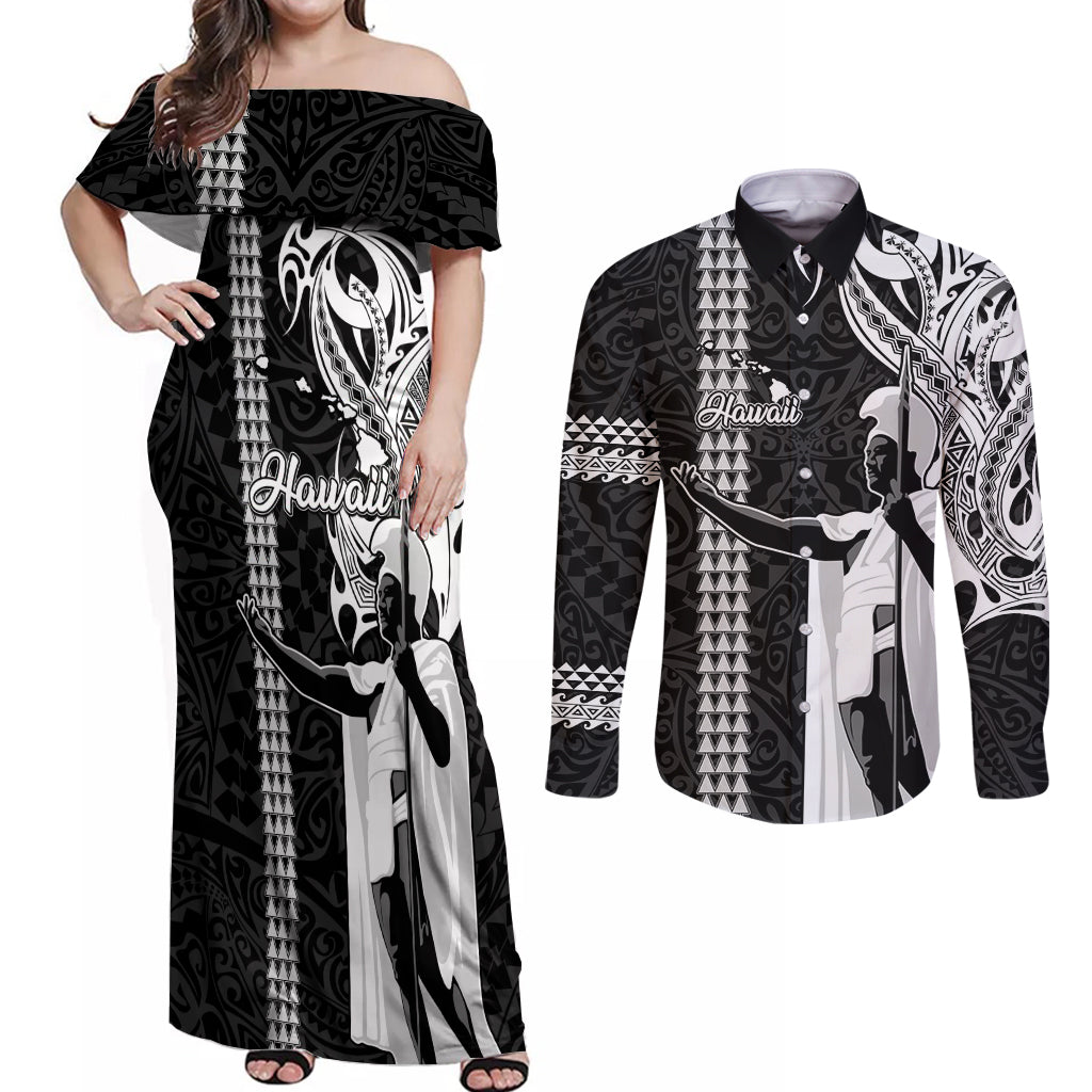 Hawaii Island Couples Matching Off Shoulder Maxi Dress and Long Sleeve Button Shirts Hawaiian King and Kakau Symbols Abstract Shoulder Tattoo LT03 Black - Polynesian Pride