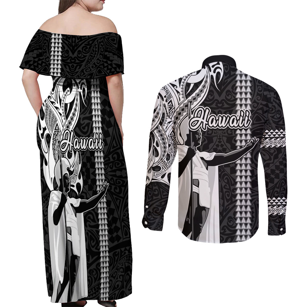 Hawaii Island Couples Matching Off Shoulder Maxi Dress and Long Sleeve Button Shirts Hawaiian King and Kakau Symbols Abstract Shoulder Tattoo LT03 - Polynesian Pride