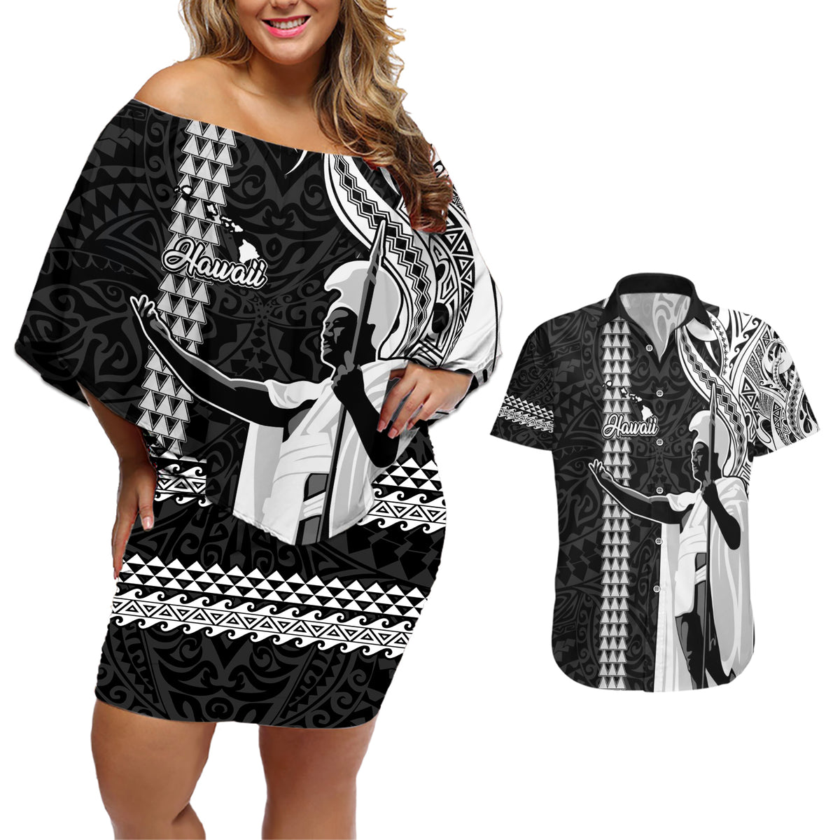 Hawaii Island Couples Matching Off Shoulder Short Dress and Hawaiian Shirt Hawaiian King and Kakau Symbols Abstract Shoulder Tattoo LT03 Black - Polynesian Pride