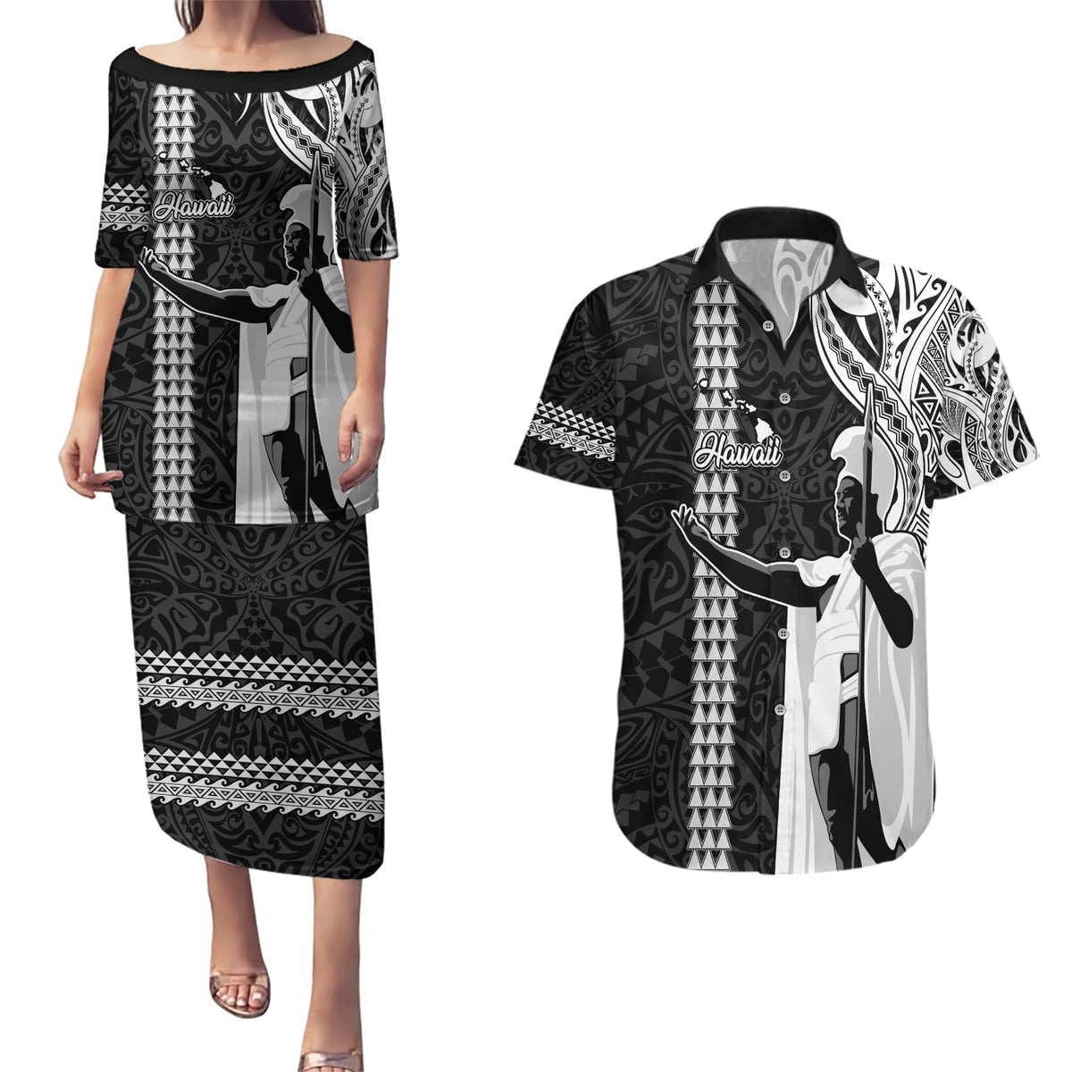 Hawaii Island Couples Matching Puletasi Dress and Hawaiian Shirt Hawaiian King and Kakau Symbols Abstract Shoulder Tattoo LT03 Black - Polynesian Pride