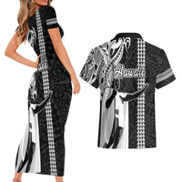 Hawaii Island Couples Matching Short Sleeve Bodycon Dress and Hawaiian Shirt Hawaiian King and Kakau Symbols Abstract Shoulder Tattoo LT03 - Polynesian Pride