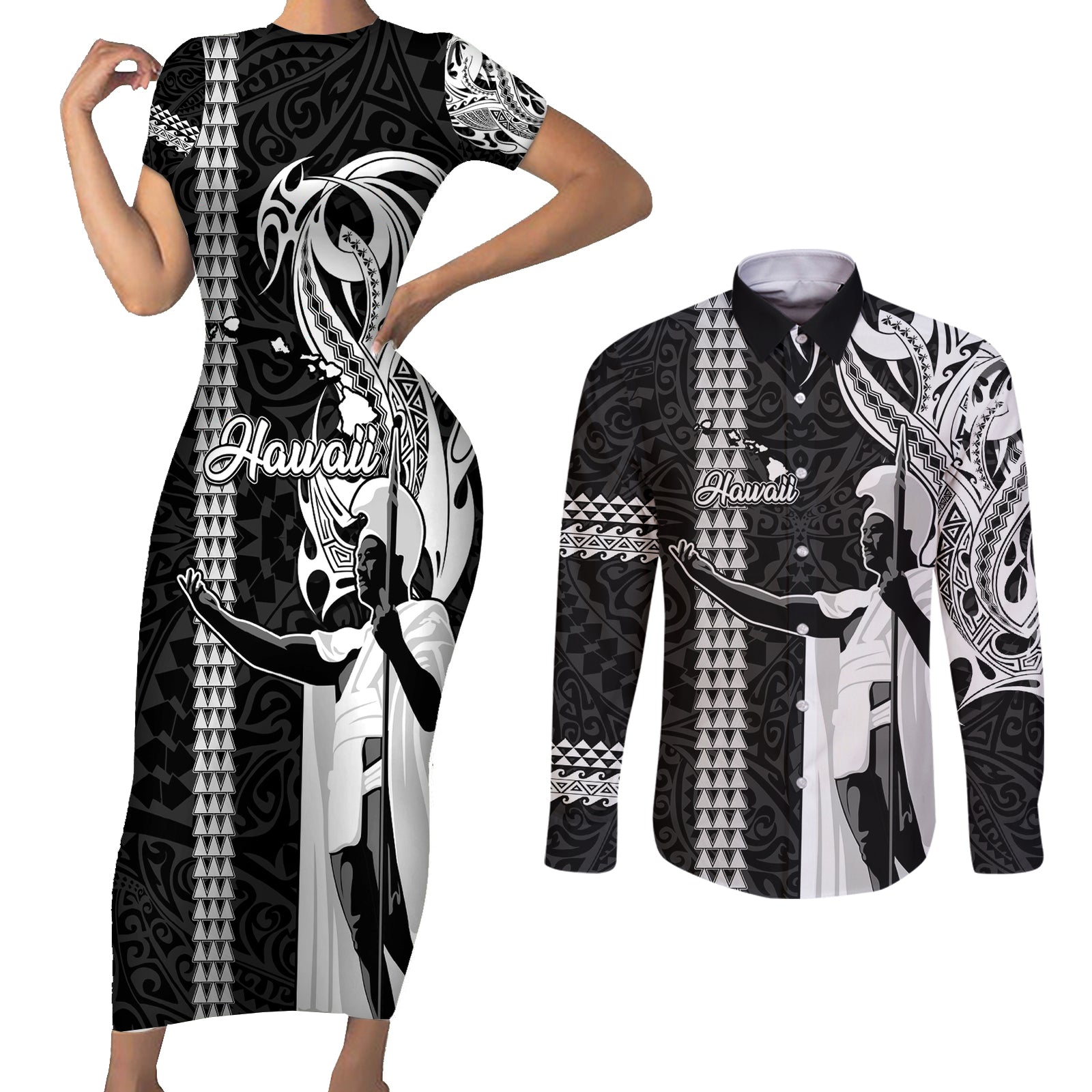 Hawaii Island Couples Matching Short Sleeve Bodycon Dress and Long Sleeve Button Shirts Hawaiian King and Kakau Symbols Abstract Shoulder Tattoo LT03 Black - Polynesian Pride