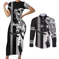 Hawaii Island Couples Matching Short Sleeve Bodycon Dress and Long Sleeve Button Shirts Hawaiian King and Kakau Symbols Abstract Shoulder Tattoo LT03 Black - Polynesian Pride
