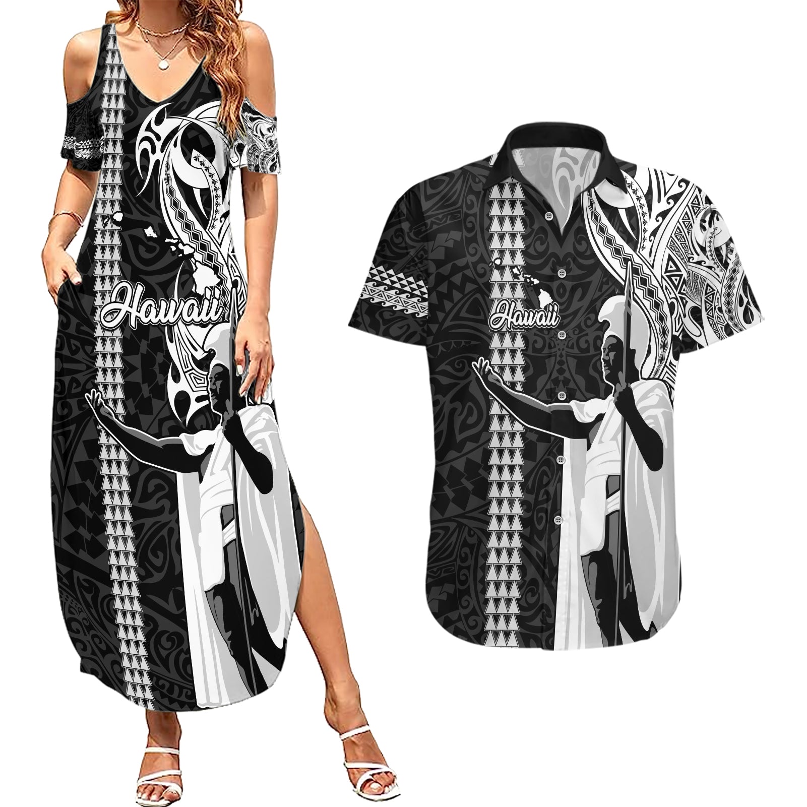 Hawaii Island Couples Matching Summer Maxi Dress and Hawaiian Shirt Hawaiian King and Kakau Symbols Abstract Shoulder Tattoo LT03 Black - Polynesian Pride